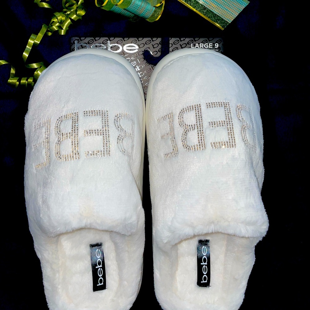 bebe white bridal style crystal logo slippers